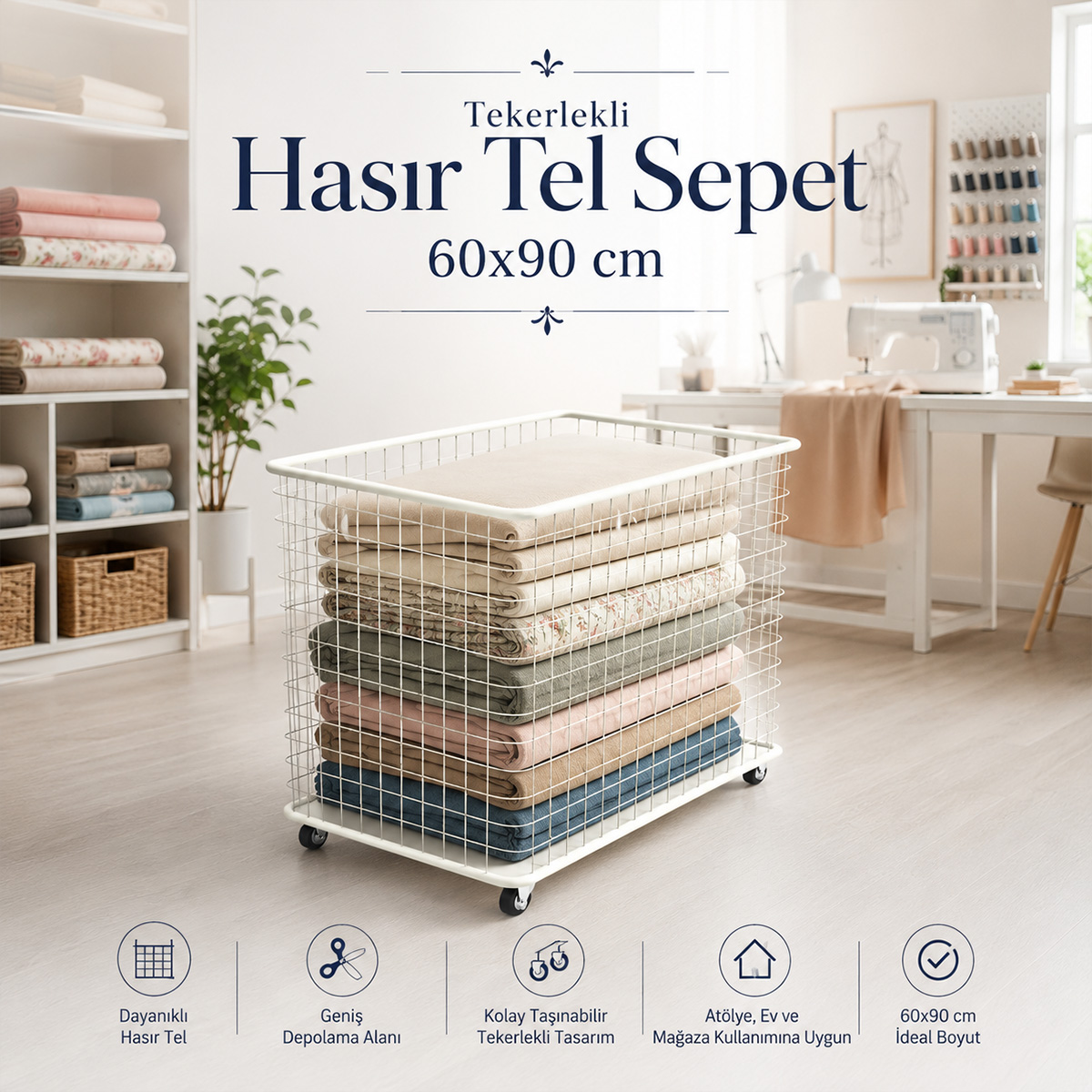 Tekerlekli Hasır Tel Sepet 60x90 cm