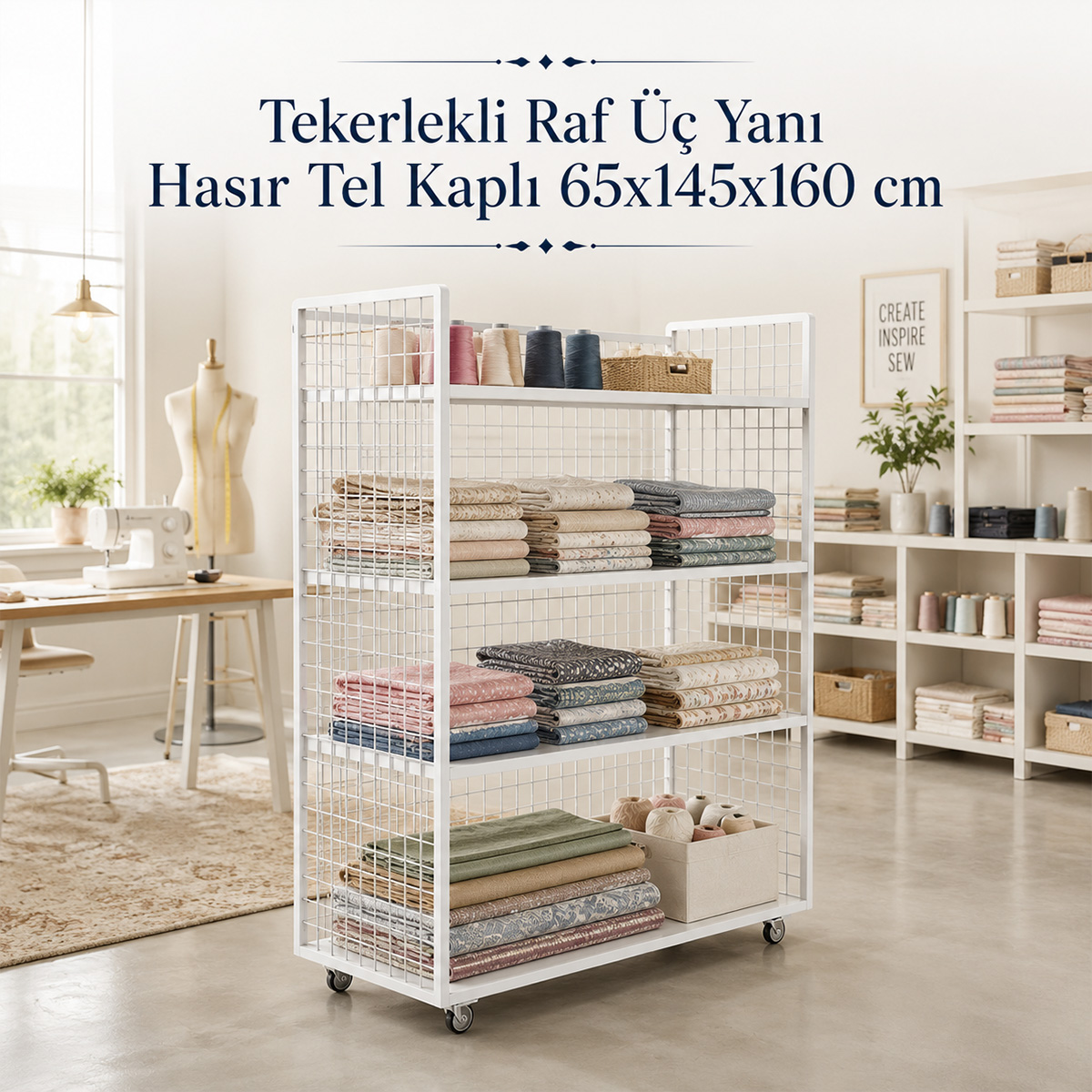 Tekerlekli Raf �� Yan� Has�r Tel Kapl� 65x145x160 cm