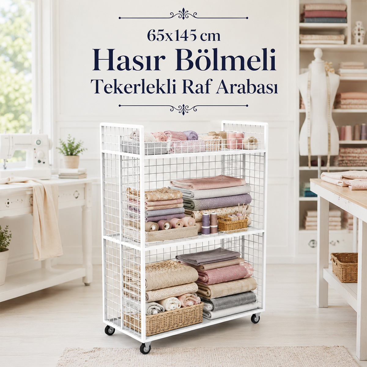 65x145 cm Has�r B�lmeli Tekerlekli Raf Arabas�