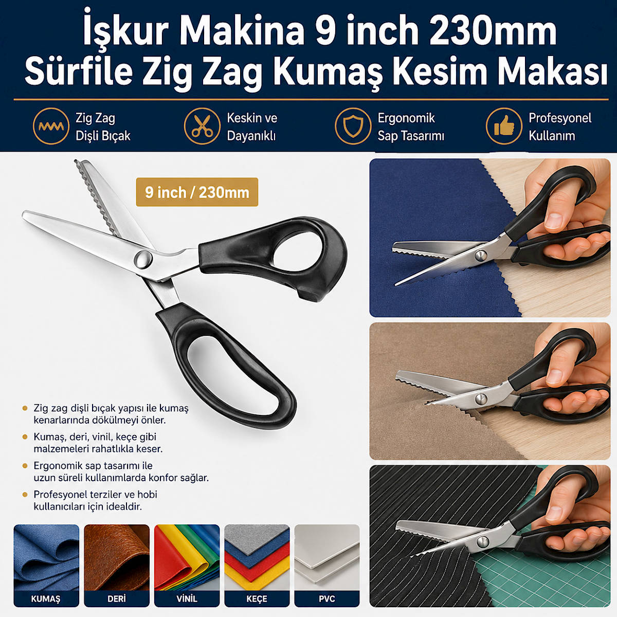 ��kur Makina 9 inch 230mm S�rfile Zig Zag Kuma� Kesim Makas�