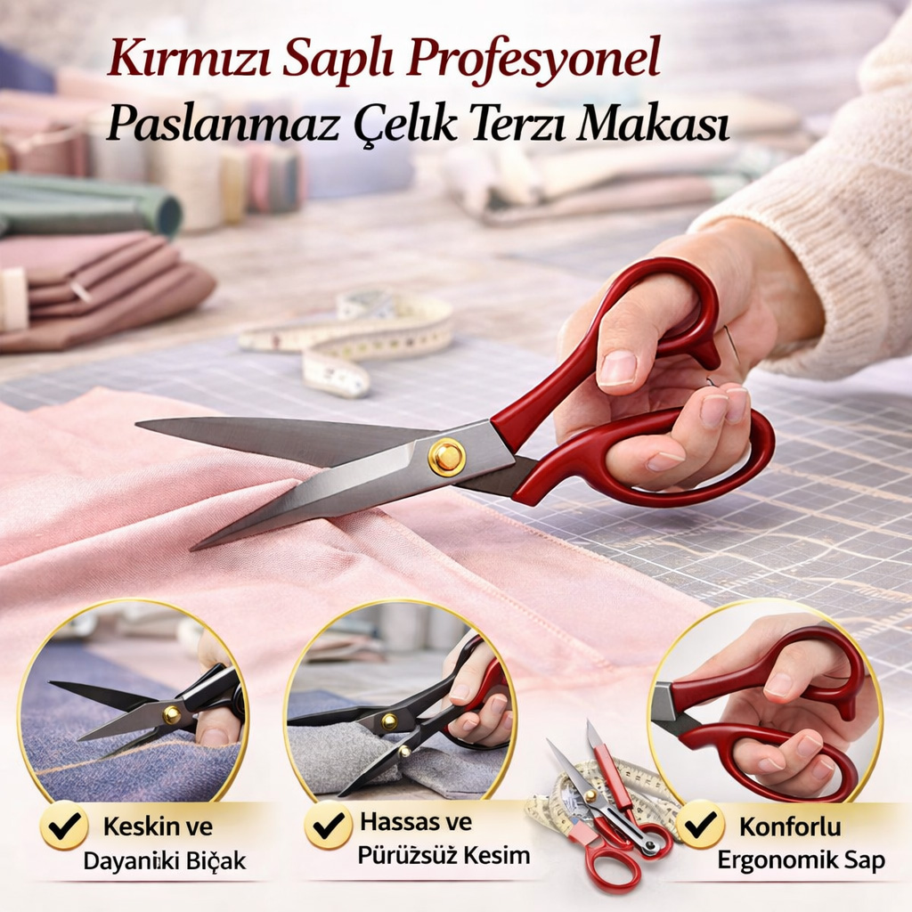 P�n K�rm�z� Sapl� Profesyonel Paslanmaz �elik Terzi Makas��