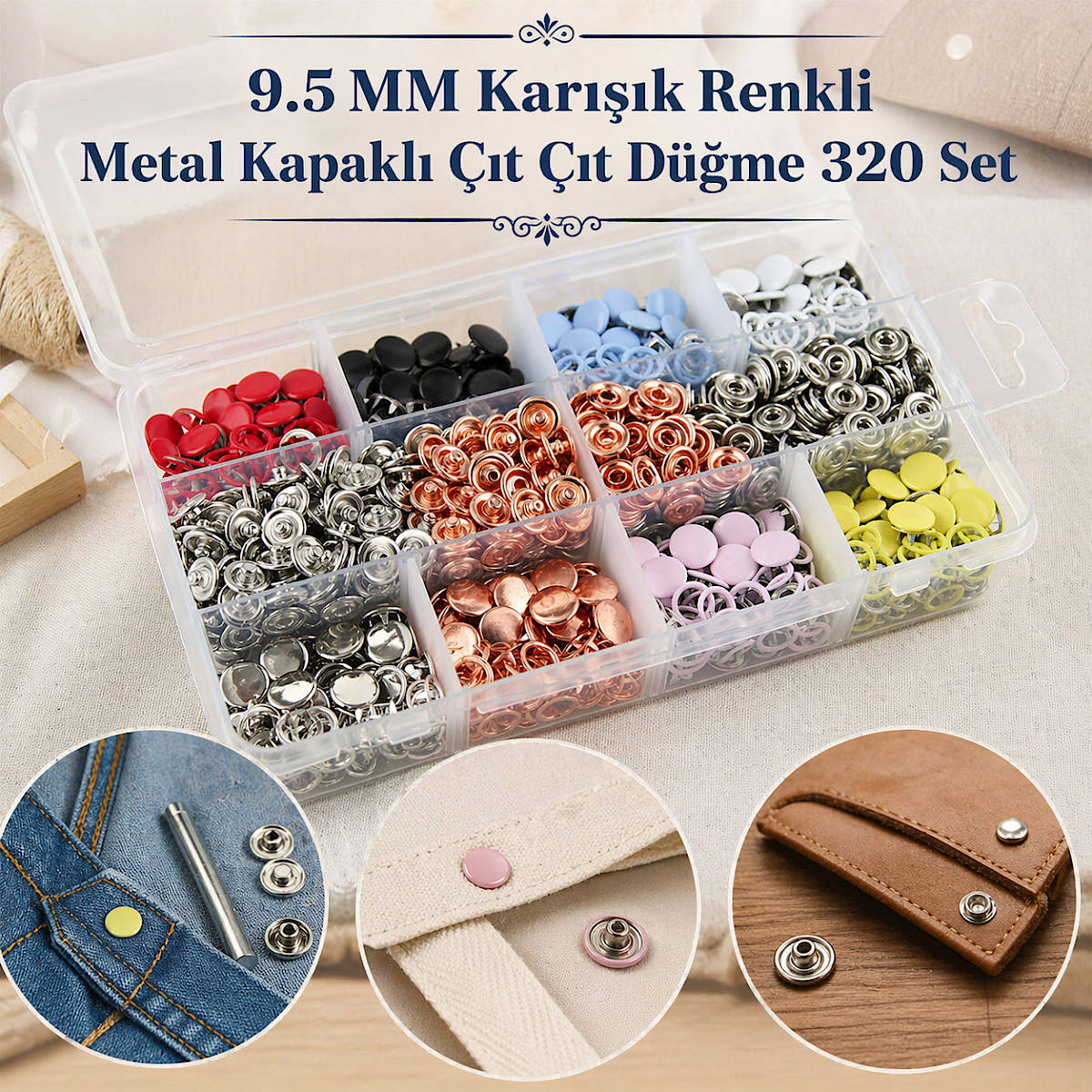 9.5 MM Kar���k Renkli Metal Kapakl� ��t ��t D��me 320 Set