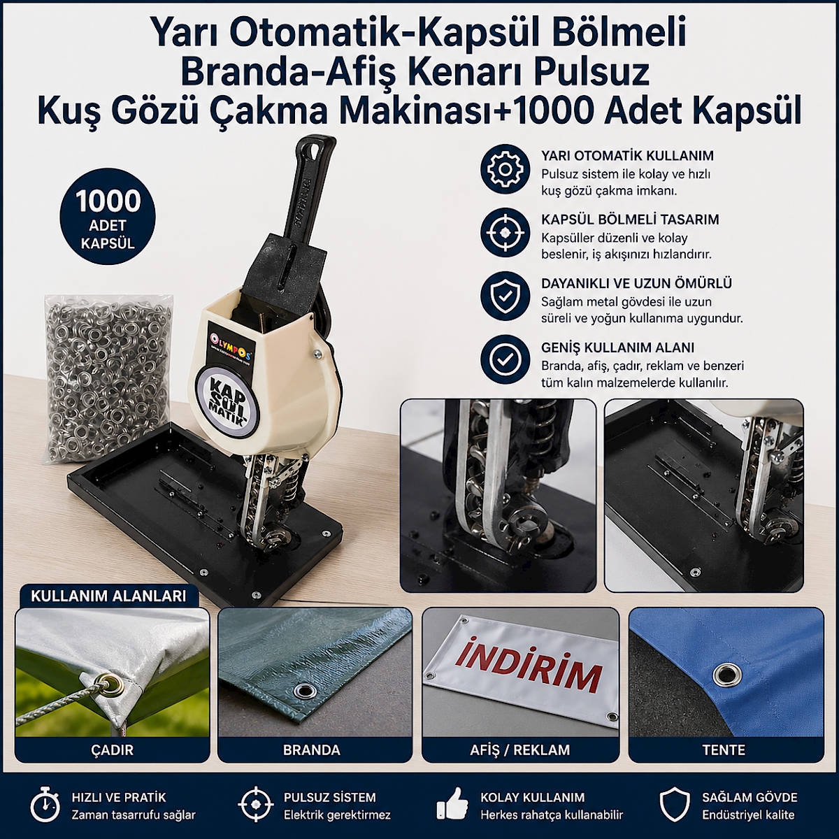 Yar� Otomatik-Kaps�l B�lmeli Branda-Afi� Kenar� Pulsuz Ku� G�z� �akma Makinas�+1000 Adet Kaps�l