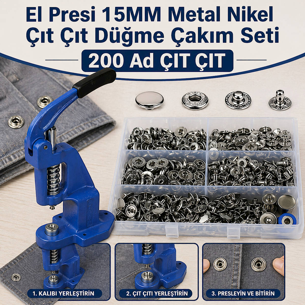 El Presi 15MM Metal Nikel Çıt Çıt Düğme Çakım Seti 200 Ad ÇIT ÇIT