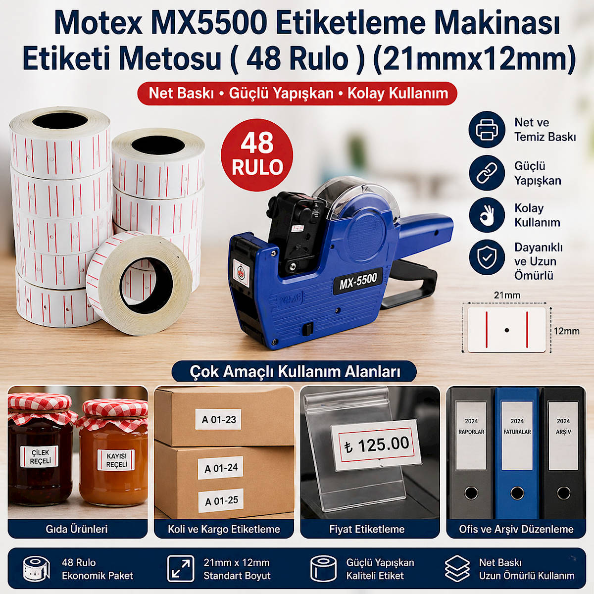 Motex MX5500 Etiketleme Makinas� Etiketi Metosu ( 48 Rulo ) (21mmx12mm)
