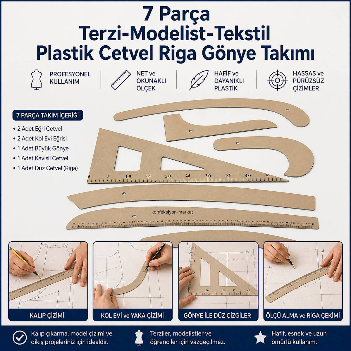 7 Par�a Terzi-Modelist-Tekstil Plastik Cetvel Riga G�nye Tak�m�