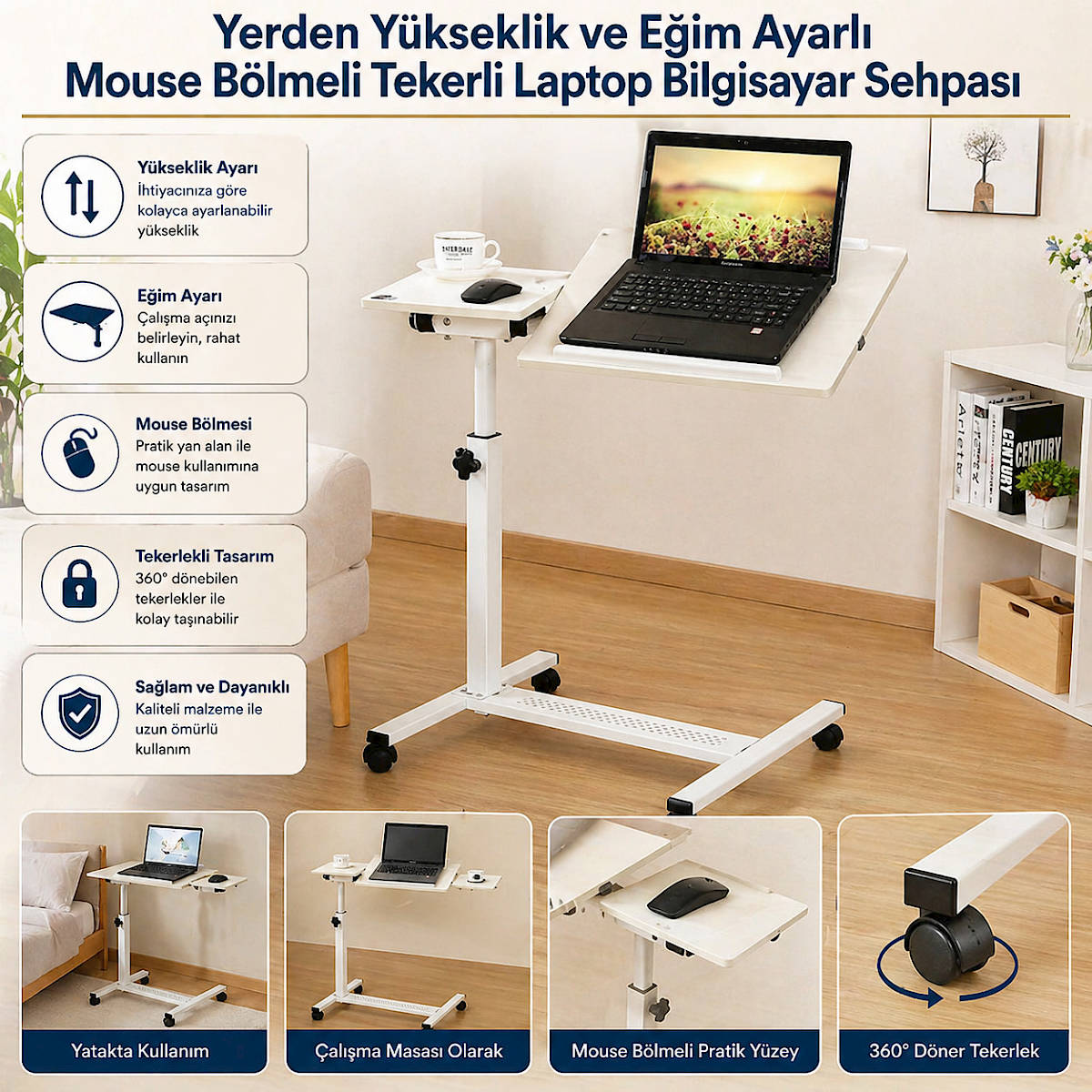 Mouse Bölmeli Yükseklik ve Eğim Ayarlı Tekerlekli Laptop Çalışma Masası Sehpası