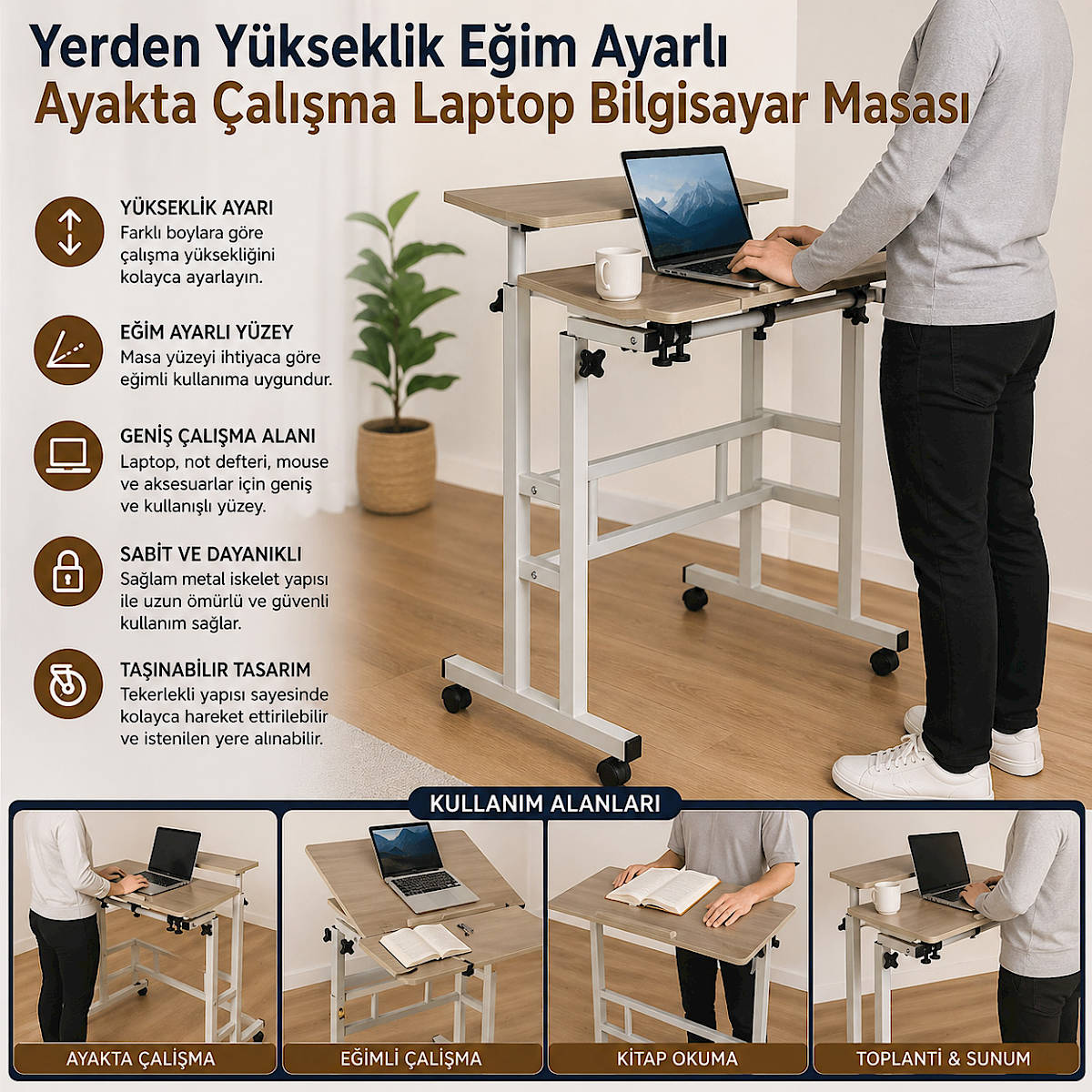E�im ve Yerden Y�kseklik Ayarl� 3 B�lmeli Tekerli Ayakta �al��ma Masas� Sehpas� Bilgisayar Stand�