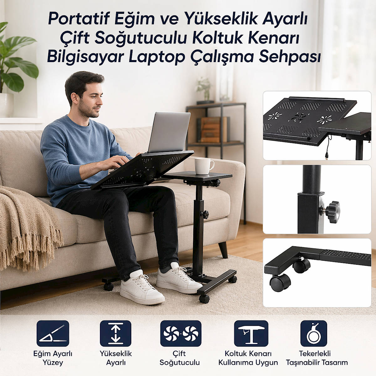  G�rsel 1 Portatif E�im ve Y�kseklik Ayarl� �ift So�utuculu Koltuk Kenar� Bilgisayar Laptop �al��ma Sehpas�