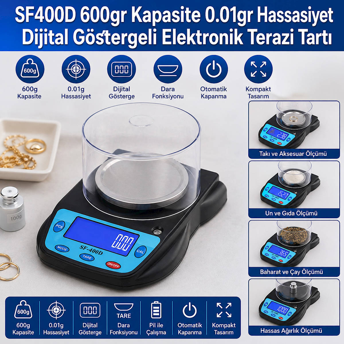SF400D 600gr Kapasite 0.01gr Hassasiyet Dijital G�stergeli Elektronik Terazi Tart�