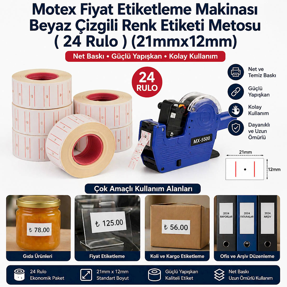 Motex Fiyat Etiketleme Makinas� Beyaz �izgili Renk Etiketi Metosu ( 24 Rulo ) (21mmx12mm)