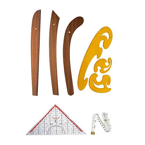 6 Par�a Set � 3�l� Modelist Riga Cetvel Seti, Modelist G�nyesi, Pistole Cetvel ve 150 cm Mezura