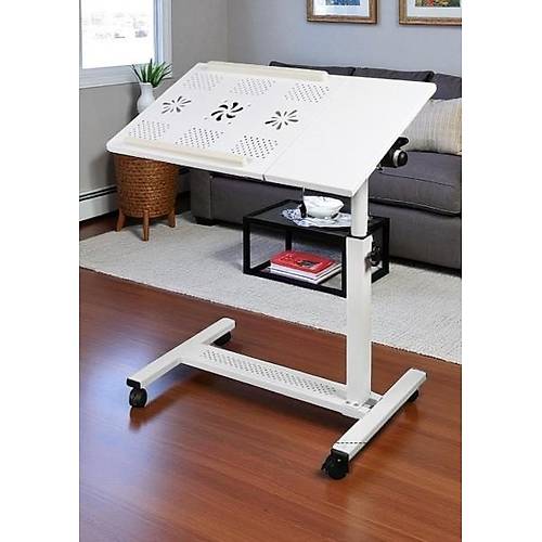 Y�kseklik ve E�im Ayarl� Metal Y�zeyli �ift So�utucu ve Tekerli Laptop Sehpas� Masas�