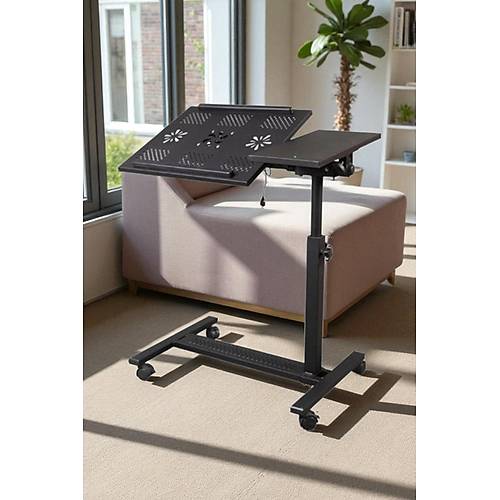 Y�kseklik ve E�im Ayarl� Metal Y�zeyli �ift So�utucu ve Tekerli Laptop Sehpas� Masas�