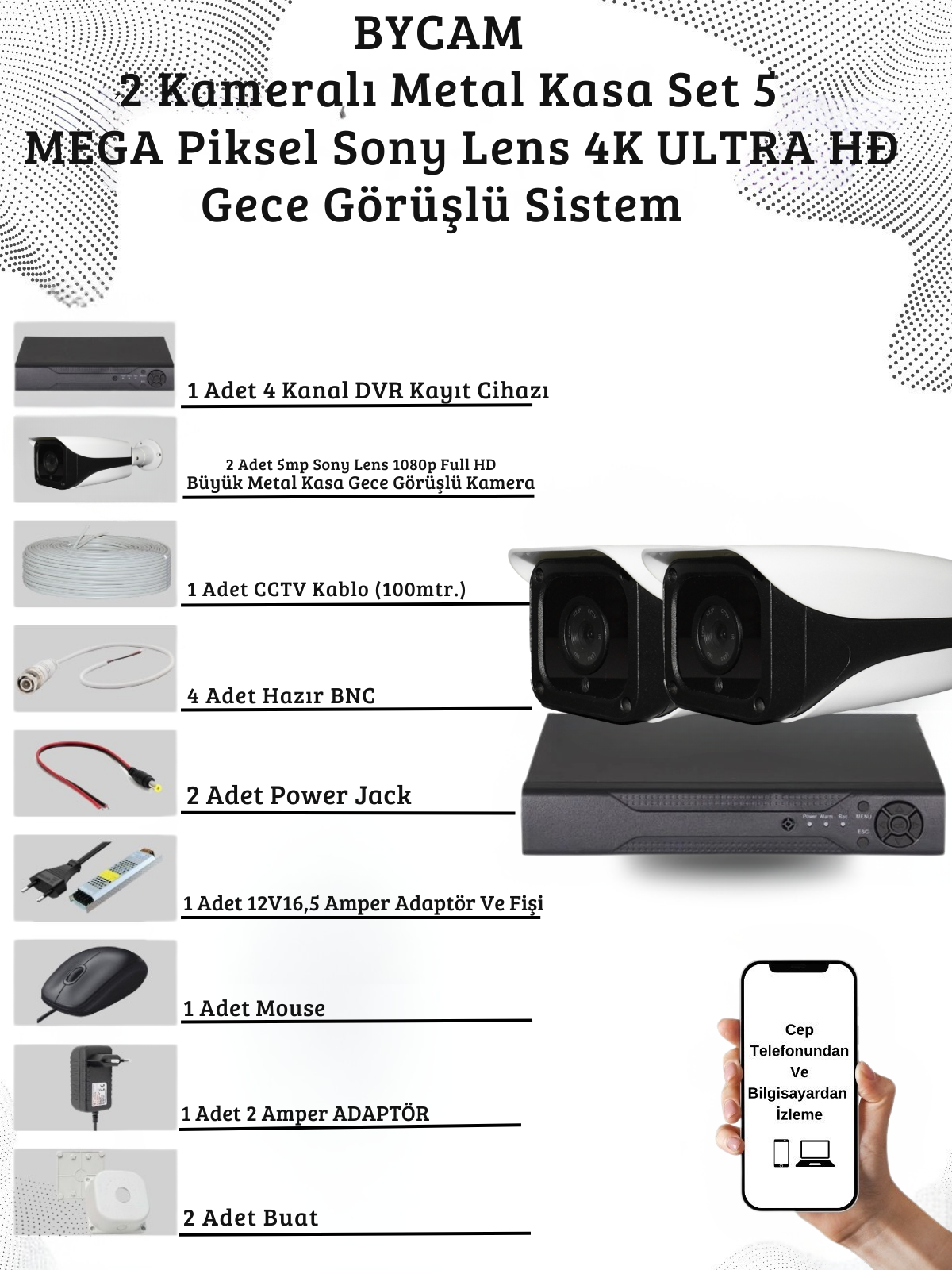 BYCAM 5.0 Megapixel 4K Sistem  ( 2 ) Kameralı 9272 Full Paket Güvenlik Sistemi