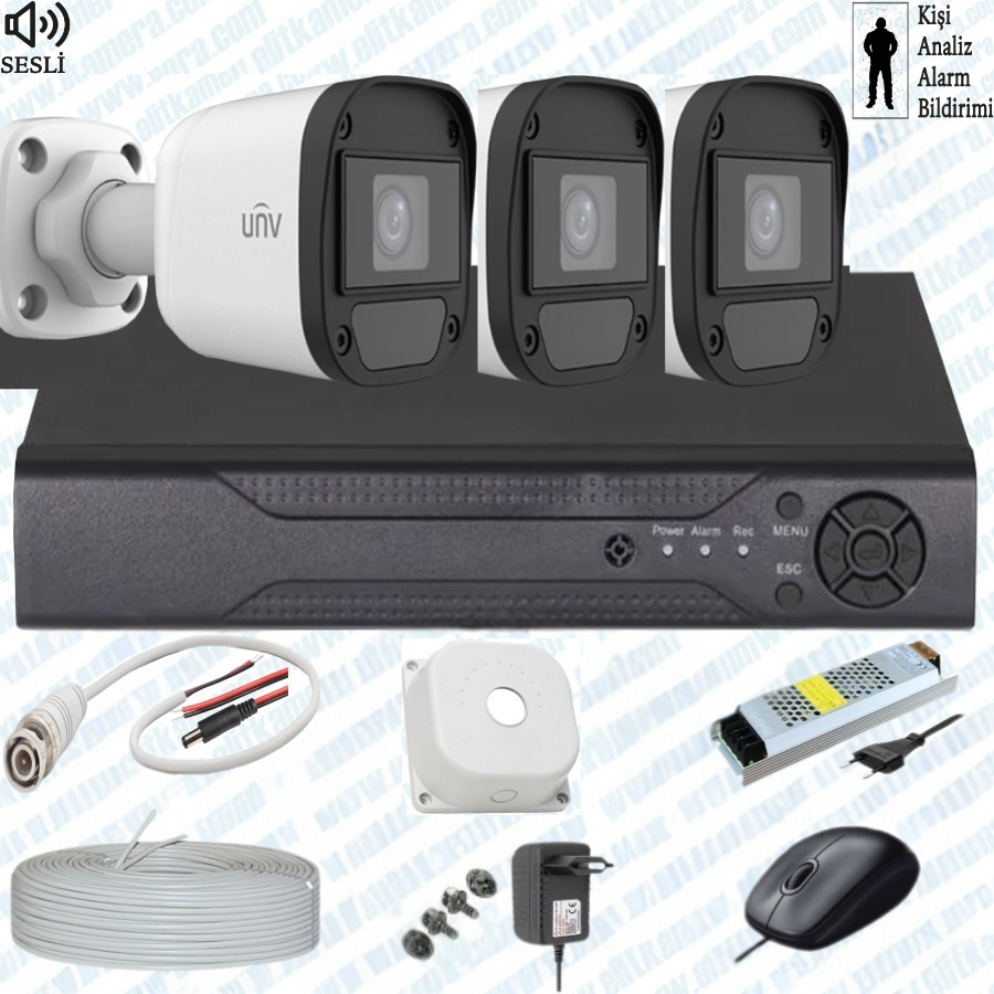 UNV  ( Sesli )  3 Kameralı Full Paket Güvenlik Seti Sistemi