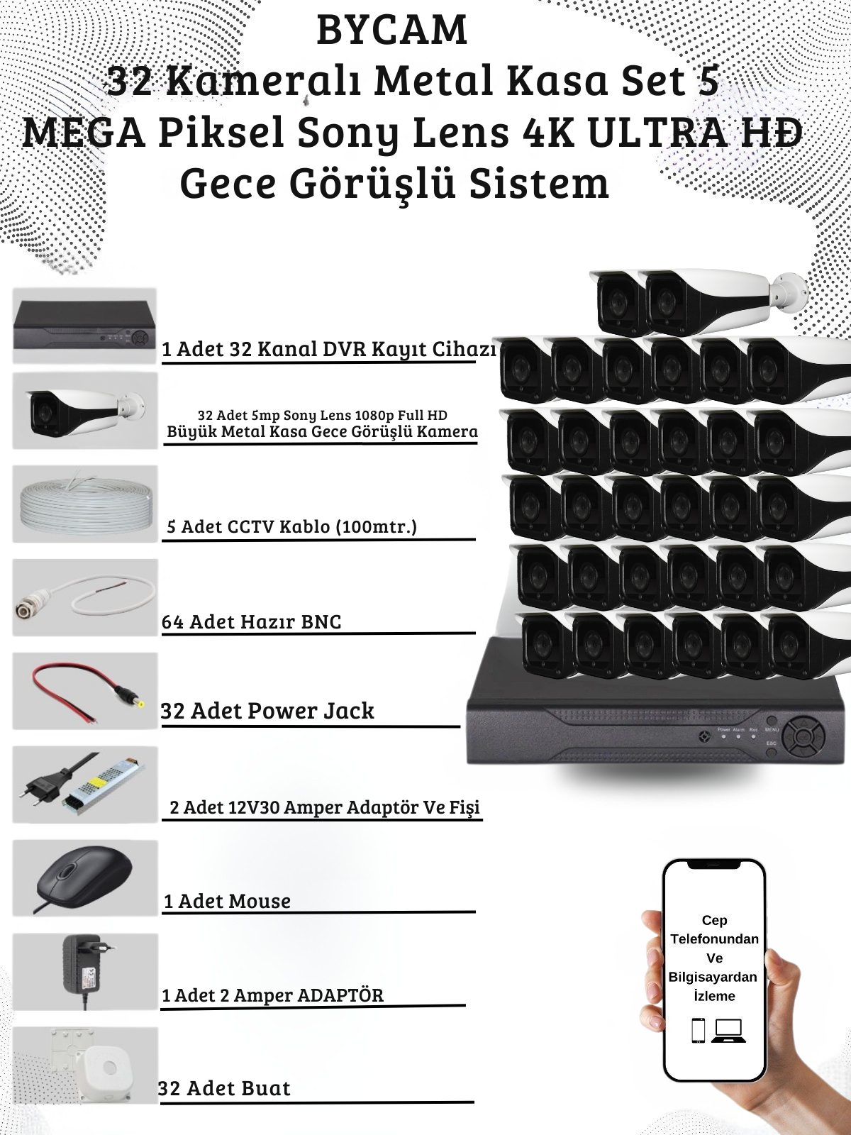 BYCAM 32 Kameralı Metal Kasa 5 Mega Piksel Sony Lensli 4K Ultra HD Güvenlik Sistemi