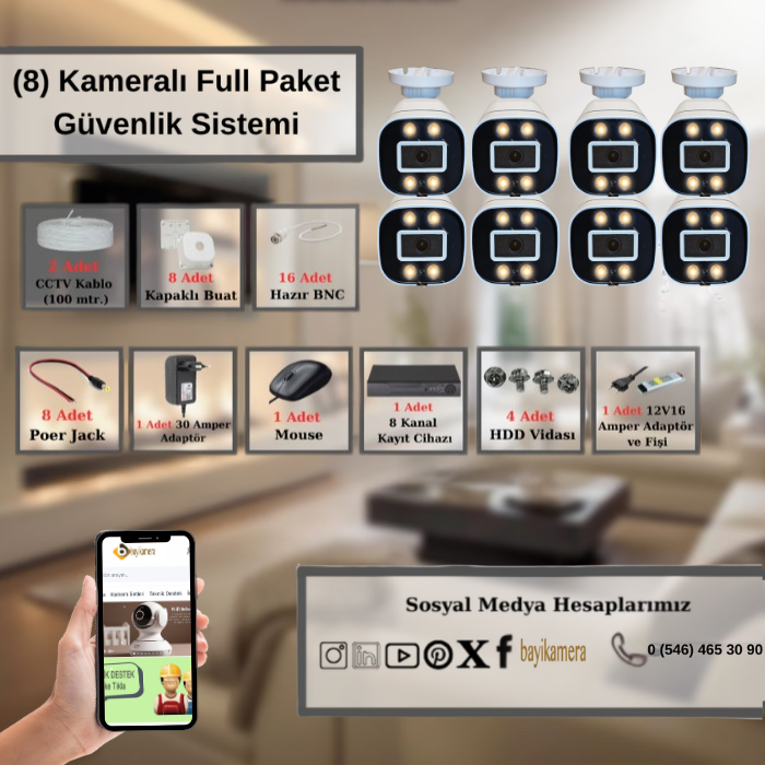 BYCAM Zbr Gecegörüşü Renkli 5.0 Megapixel Lensli ( 8 ) Kameralı 1080p Full Hd Set