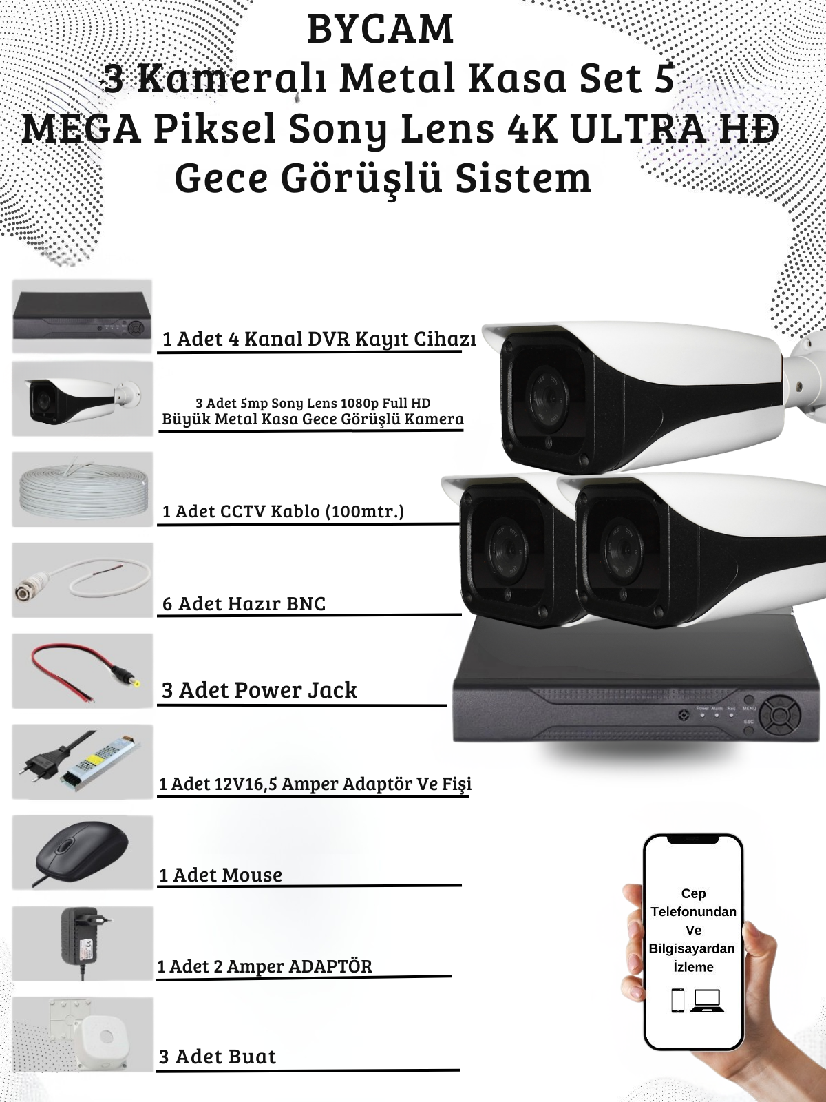 BYCAM 5.0 Megapixel 4K Sistem  ( 3 ) Kameralı 9272 Full Paket Güvenlik Sistemi