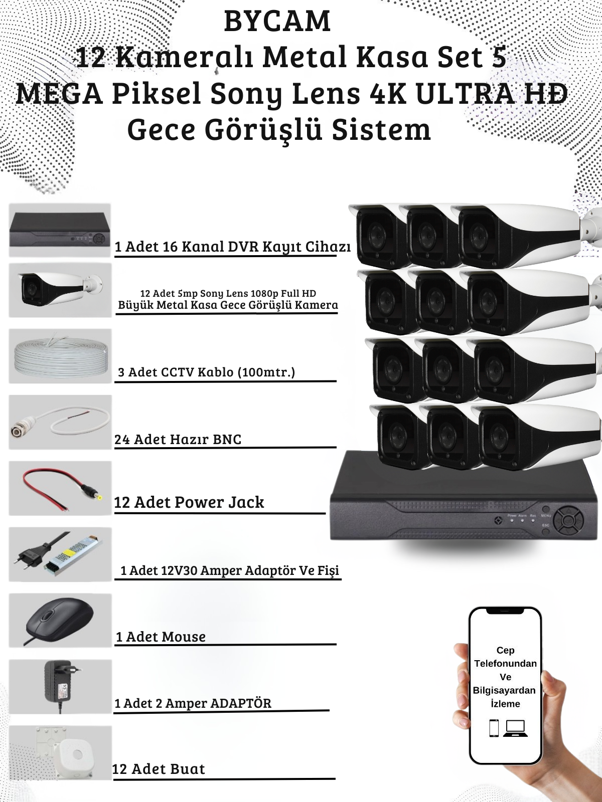BYCAM 5.0 Megapixel 4K Sistem  ( 12 ) Kameralı 9272 Full Paket Güvenlik Sistemi