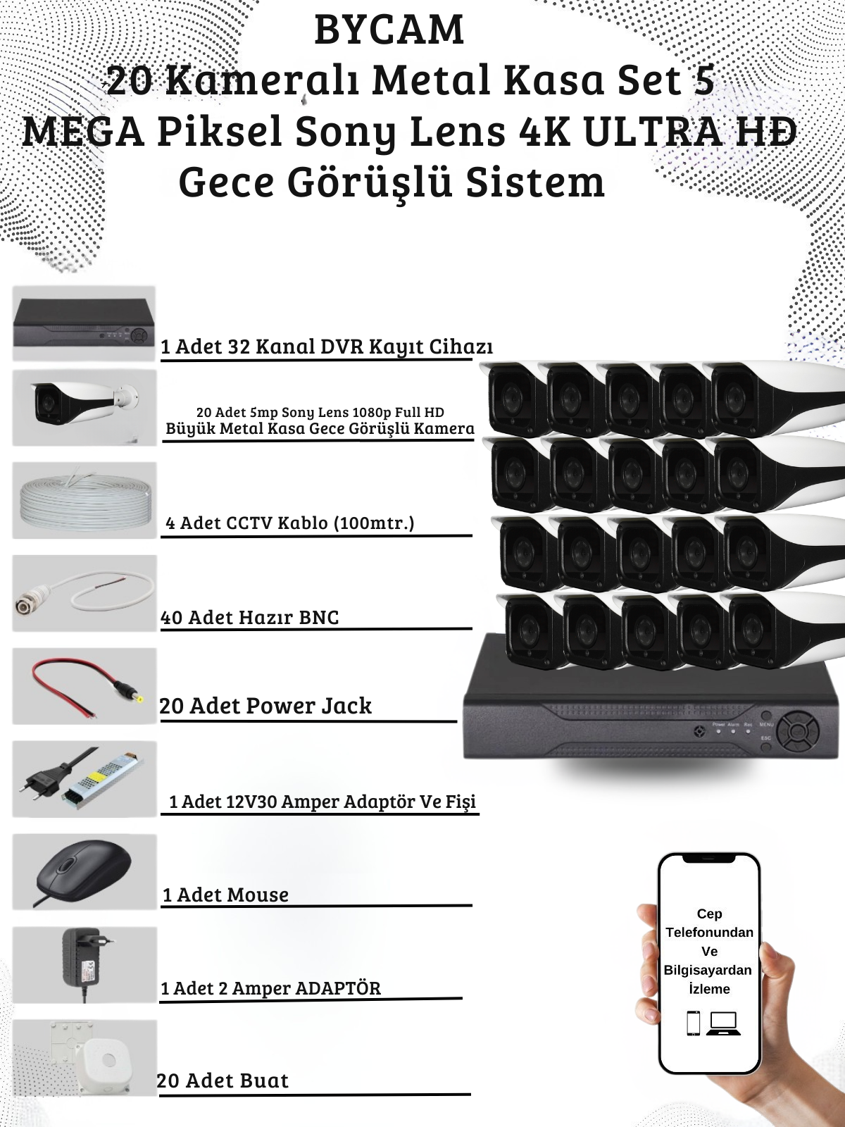 BYCAM 20 Kameralı Metal Kasa 5 Mega Piksel Sony Lensli 4K Ultra HD Güvenlik Sistemi