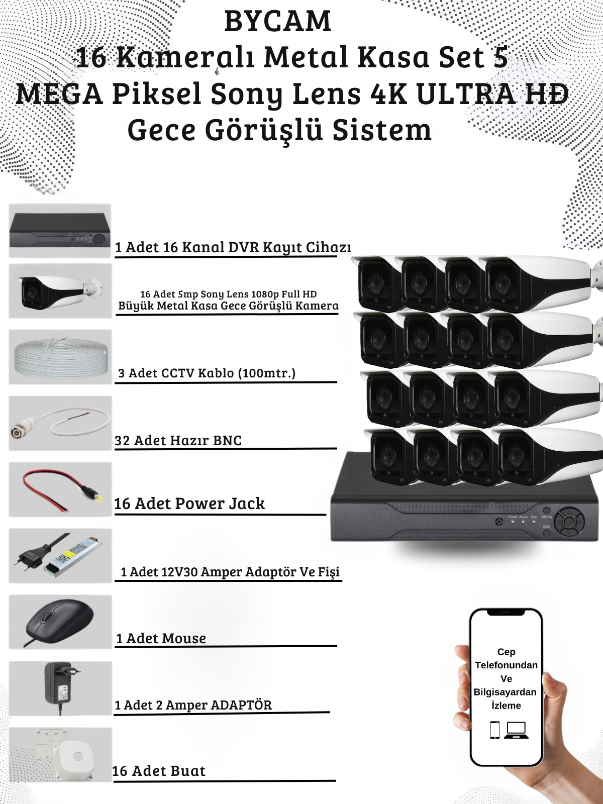 BYCAM 16 Kameralı Metal Kasa 5 Mega Piksel Sony Lensli 4K Ultra HD Güvenlik Sistemi