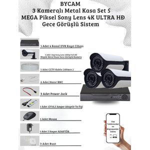 BYCAM 5.0 Megapixel 4K Sistem  ( 3 ) Kameral� 9272 Full Paket G�venlik Sistemi