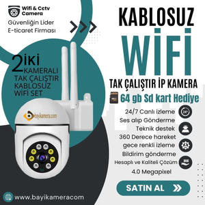 BYCAM 2 Kameral� Kablosuz Wifi 360 Derece sesli 4 M.p GeceRenkli Tak �al��t�r �p Kamera Seti ( 64GB ) Hediye