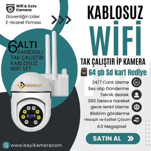 BYCAM 6 Kameral� Kablosuz Wifi 360 Derece sesli 4 M.p GeceRenkli Tak �al��t�r �p Kamera Seti ( 64GB ) Hediye