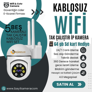 BYCAM 5 Kameral� Kablosuz Wifi 360 Derece sesli 4 M.p GeceRenkli Tak �al��t�r �p Kamera Seti ( 64GB ) Hediye