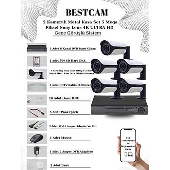 Elit 5.0 Megapixel 4K Sistem  ( 5 ) Kameral 9272 Full Paket Gvenlik Sistemi
