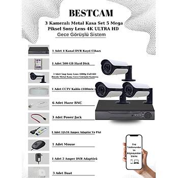 Elit 5.0 Megapixel 4K Sistem  ( 3 ) Kameral 9272 Full Paket Gvenlik Sistemi