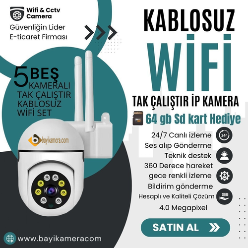 BYCAM 5 Kameral� Kablosuz Wifi 360 Derece sesli 4 M.p GeceRenkli Tak �al��t�r �p Kamera Seti ( 64GB ) Hediye