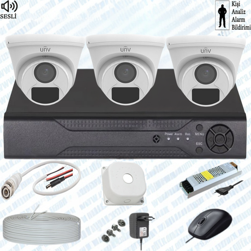 UNV ( Sesli ) 3 Kameral� �� MEKAN Full Paket G�venlik Seti Sistemi