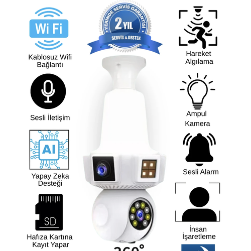 BYCAM 3 Kameral� Duy Ile �al��an 360� D�nebilir Geni� A�� Hareketi Bildiren Ampul Kamera