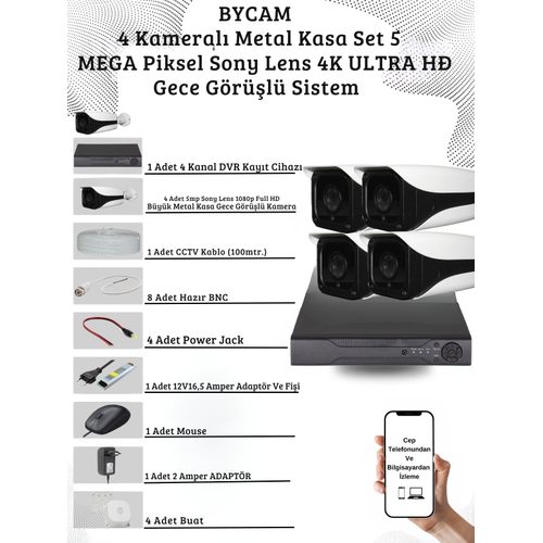 BYCAM 5.0 Megapixel 4K Sistem  ( 4 ) Kameral� 9272 Full Paket G�venlik Sistemi
