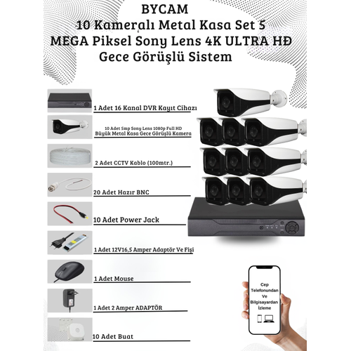 BYCAM 5.0 Megapixel 4K Sistem  ( 10 ) Kameral� 9272 Full Paket G�venlik Sistemi