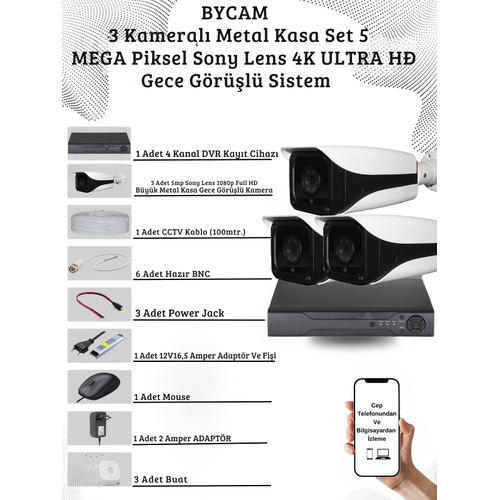 BYCAM 5.0 Megapixel 4K Sistem  ( 3 ) Kameral� 9272 Full Paket G�venlik Sistemi