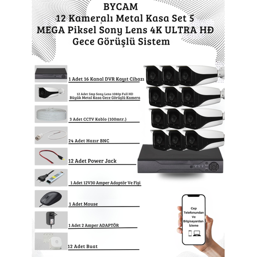 BYCAM 5.0 Megapixel 4K Sistem  ( 12 ) Kameral� 9272 Full Paket G�venlik Sistemi