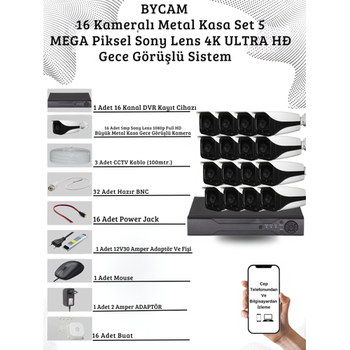 BYCAM 16 Kameral� Metal Kasa 5 Mega Piksel Sony Lensli 4K Ultra HD G�venlik Sistemi
