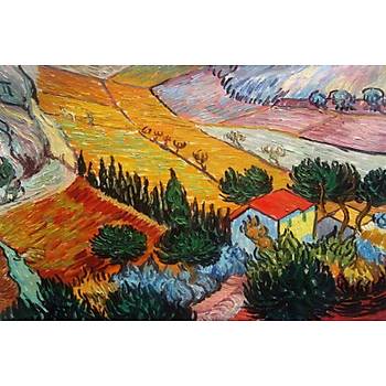 Dekoratif Vincent Van Gogh - Landscape With House And Ploughman Duvar Kanvas Tablo