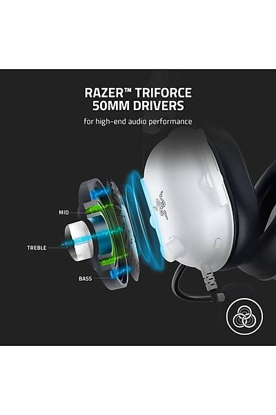 Razer Blackshark V2 X - Beyaz Premium Espor Oyun Kulakl��� (50mm S�r�c�l� Kablolu Kulakl�k, PC, Mac, PS4, Xbox One ve Switch i�in G�r�lt� Engelleme) Beyaz
