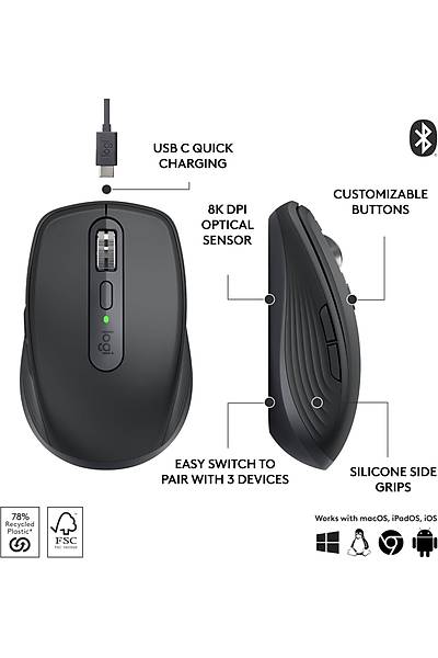 Logitech MX Anywhere 3S Sessiz 8000Dpi Mouse Siyah 910-006929