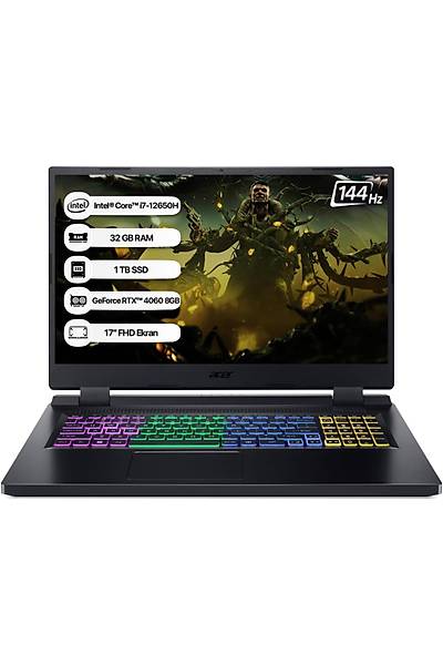 Acer Nitro 5 AN517-55 i7 12650H 32GB 1TB SSD RTX4060-8GB Dos 17.3 144Hz Ta��nabilir Bilgisayar NH.QLFEY.004-32