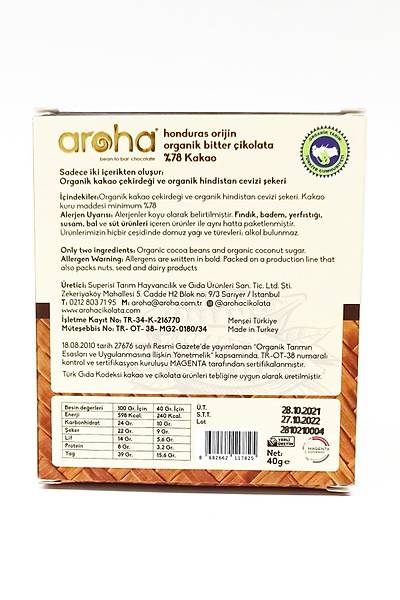 Aroha Organik Çikolata - %78 Kakao Bitter, Honduras Orijin, Organik Sertifikalý Çikolata. 5 x 40 Gr.