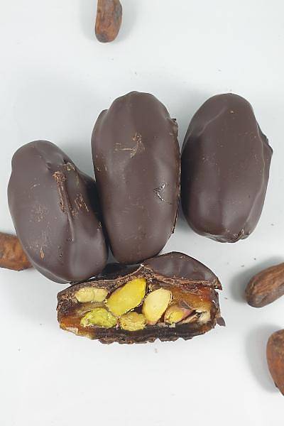 %85 Kakao Bitter Çikolata Kaplý, Antepfýstýðý Dolgulu Hurma-Þeker Ýlavesiz.