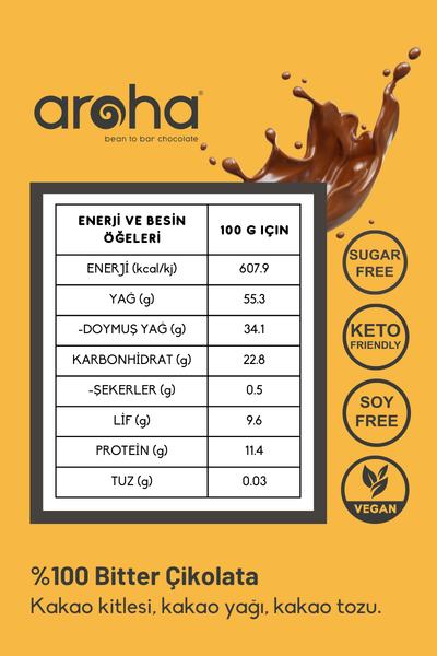 Aroha Þekersiz, Glutensiz, Vegan Çikolata - %100 Bitter - 6 Adet