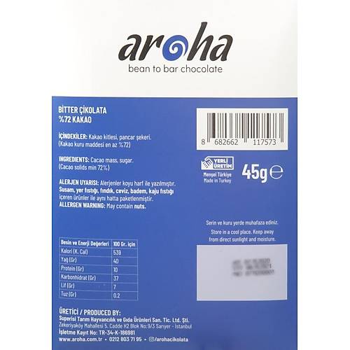 Aroha Bitter ikolata - %72 Kakao - 45 Gr. nce Tablet