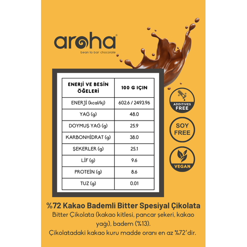 %72 Kakao Bademli Bitter Spesiyal ikolata - 500 g