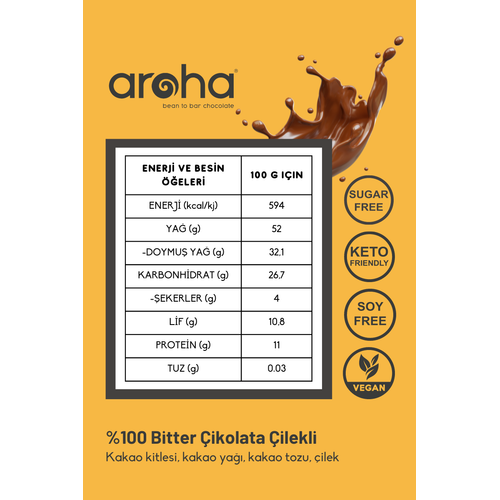 Aroha Çilekli Şekersiz Bitter Çikolata - %100 Bitter